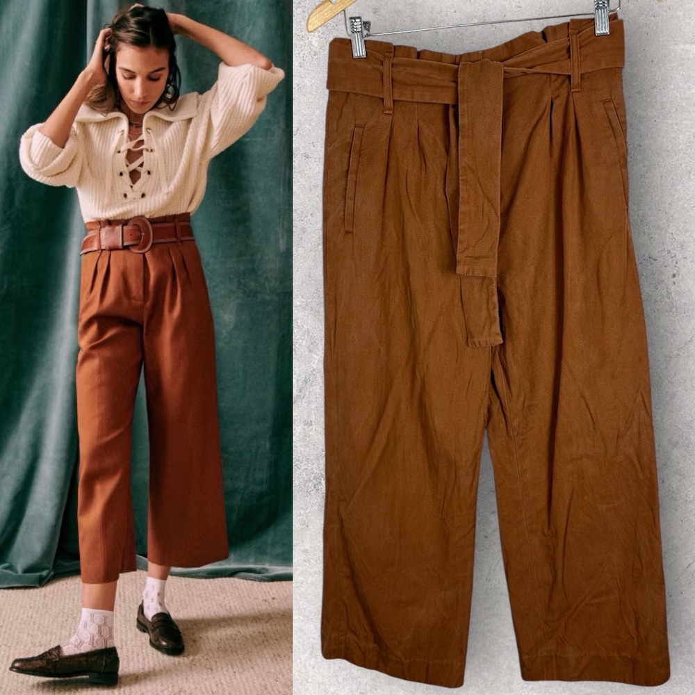 Sezane Hazelnut Brown Wide Leg Tie Waist Trouser Pants Womens Sz 36 French US 4